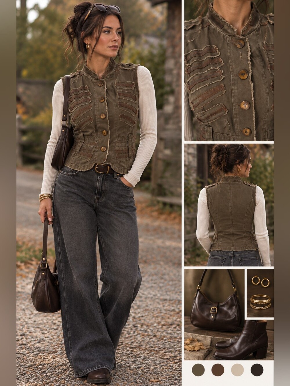 Nitrogen, Y2K, 100% Cotton,Khaki Brown, Sleeveless Utility Vest, Size US S